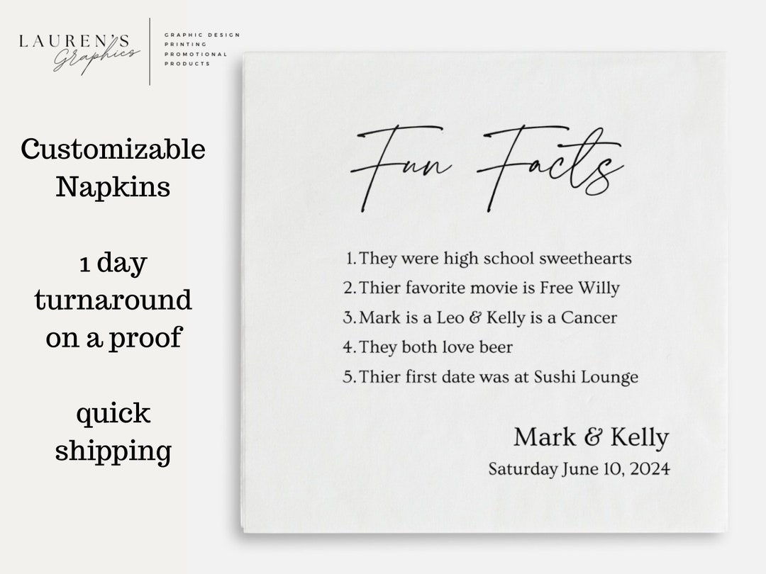 Fun Facts Personalized Wedding Napkins Bridal Shower Rehearsal Dinner