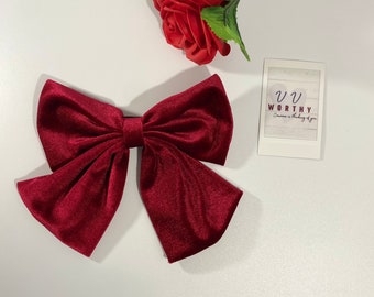 Red Velvet Hair Bow with Blue Rose
