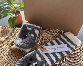 Caja de regalo con calcetines de animales esponjosos, diseños de perros, gatos, pandas y zorros, mezcla de poliéster suave y sedoso.