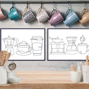 Set of Two Coffee Prints - Line Drawing, Coffee Print, Digital Décor, Instant Download