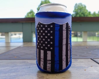 Police Blue Line Shield USA Flag Can Insulated Beverage Holder Cooler -Fits Regular and Slim Cans - Great For The Beach - Police Cop Support