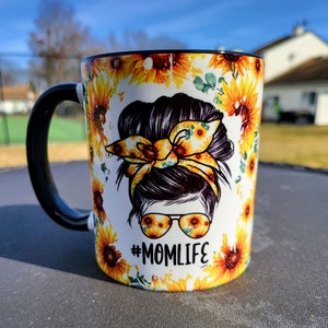 MomLife #MomLife Sunflower Messy Bun Fully Wrapped - 11oz Ceramic Mug for Coffee and Tea - Great Gift For Mom Mother&#39;s Day - Funny