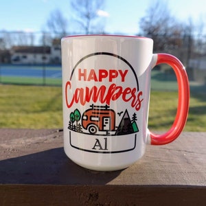 Happy Campers Travel Trailer Customized 11oz/15oz Ceramic Mug - Personalized With Family Last Name or First Name - Great Gift for Campers!