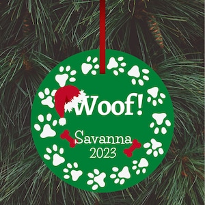 Dog/Puppy Woof! 2024 Round Wood or Aluminum Christmas Tree Ornament - Customized With Name and Year - Great Gift For Dog Owners/Parents