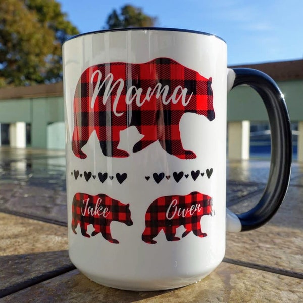 Mama/Papa Bear With Cubs Buffalo Plaid Customized 11oz/15oz Ceramic Mug for Coffee and Tea - Personalized With Names and Number of Bear Cubs