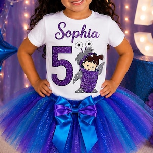 Monsters Birthday Outfit Girl, Personalized Tutu Set, Purple Blue Tutu, Custom Name Shirt image 1