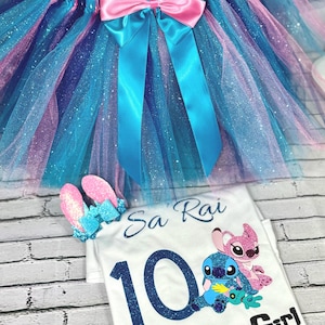 Stitch, Angel and doll birthday outfit for girls, Personalized birthday tutu set, Glittery Stitch themed birthday shirt, Girls Stitch tutu
