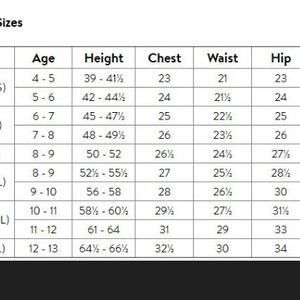 May include: A white chart titled "Youth Shirt Sizes" with size, age, height (inches), chest (inches), waist (inches), and hip (inches) measurements. Sizes range from 4 to 18 (XXL), with corresponding age ranges and measurements.