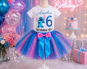Stitch Birthday Outfit Girl, Personalized 6th Tutu Set, Custom Name Shirt, Toddler Dress