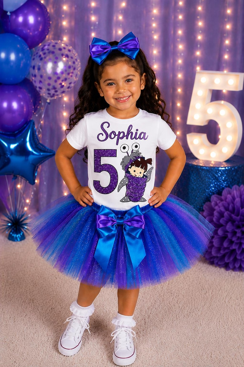 Monsters Birthday Outfit Girl, Personalized Tutu Set, Purple Blue Tutu, Custom Name Shirt image 1