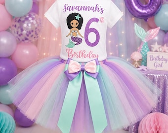 Personalized Mermaid Birthday Girl Outfit, Pastel Tutu & Custom Name Birthday Shirt