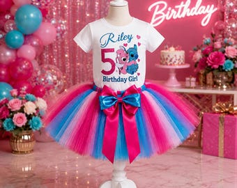 Stitch and Angel Birthday Outfit Girl, Personalized 10th Birthday Outfit, Blue Pink Tutu Set, Custom Name Shirt, Cake Smash Outfit, Disney B