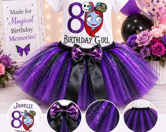 Personalized Spooky Birthday Tutu Set, Purple Black Goth Outfit, Custom Name Shirt