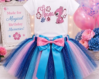 Personalized Stitch Birthday Tutu Outfit, Pink Blue Glitter Name Shirt