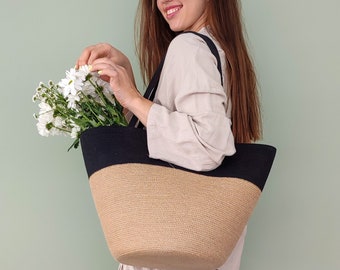 Large handmade jute and cotton bag for women, beige and black handbag