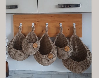 Wall hanging jute basket,  vegetable fruit storage, Large  potato basket,  kitchen storage, Rustic Baskets Set, Rustic home organization