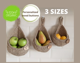 Crochet hanging jute basket  set , Vegetables and fruits storage , Large hanging potato basket,  Onion and garlic storage , teardrop basket