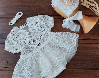 Newborn girl outfit-Baby Girl Tulle Dress, Baby Lace Bonnet, Lace headband, Newborn photography props