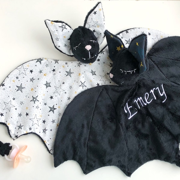 Personalised baby lovey blanket with Pacifier holder, bat lovey, baby bat plush, bat security blanket