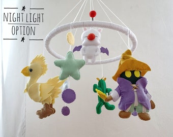 Final fantasy baby crib mobile nursery decor Final fantasy video game gifts Kawaii decor Gifts for gamers Chocobo Moogle chibi plush