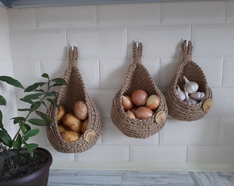 Cesta colgante de pared para frutas y verduras, juego de cesta colgante grande para patatas, cesta colgante de yute, almacenamiento de cebolla, ajo, almacenamiento de cocina