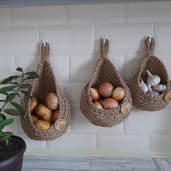 Hanging wall basket vegetable fruit, Large hanging potato basket set, jute hanging basket, onion storage, garlic keeper, kitchen storage