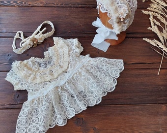 Newborn girl outfit-Beige newborn dress, boho headband,lace baby bonnet Newborn photography props