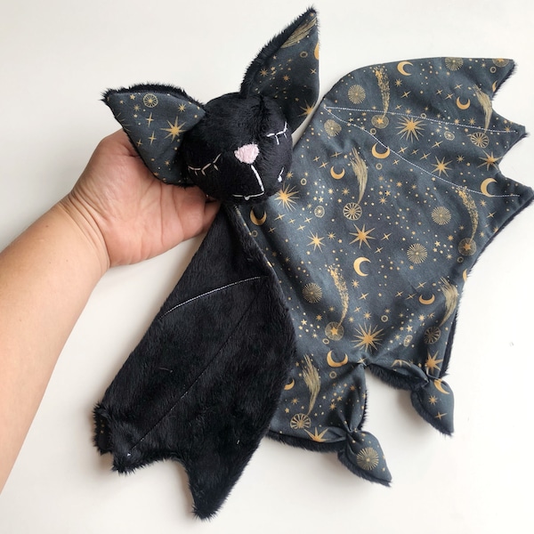 Personalized lovey for baby, moon stars security blanket, galaxy bat lovey blanket , baby bat plush, baby shower gift