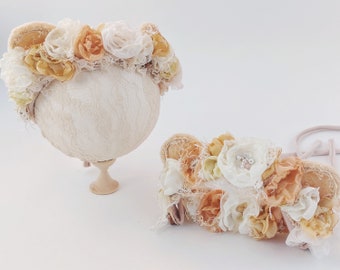 Newborn Teddy Bear headband, flower crown  with furry ears,flower head piece,Rustic bear crown Newborn Photo Prop