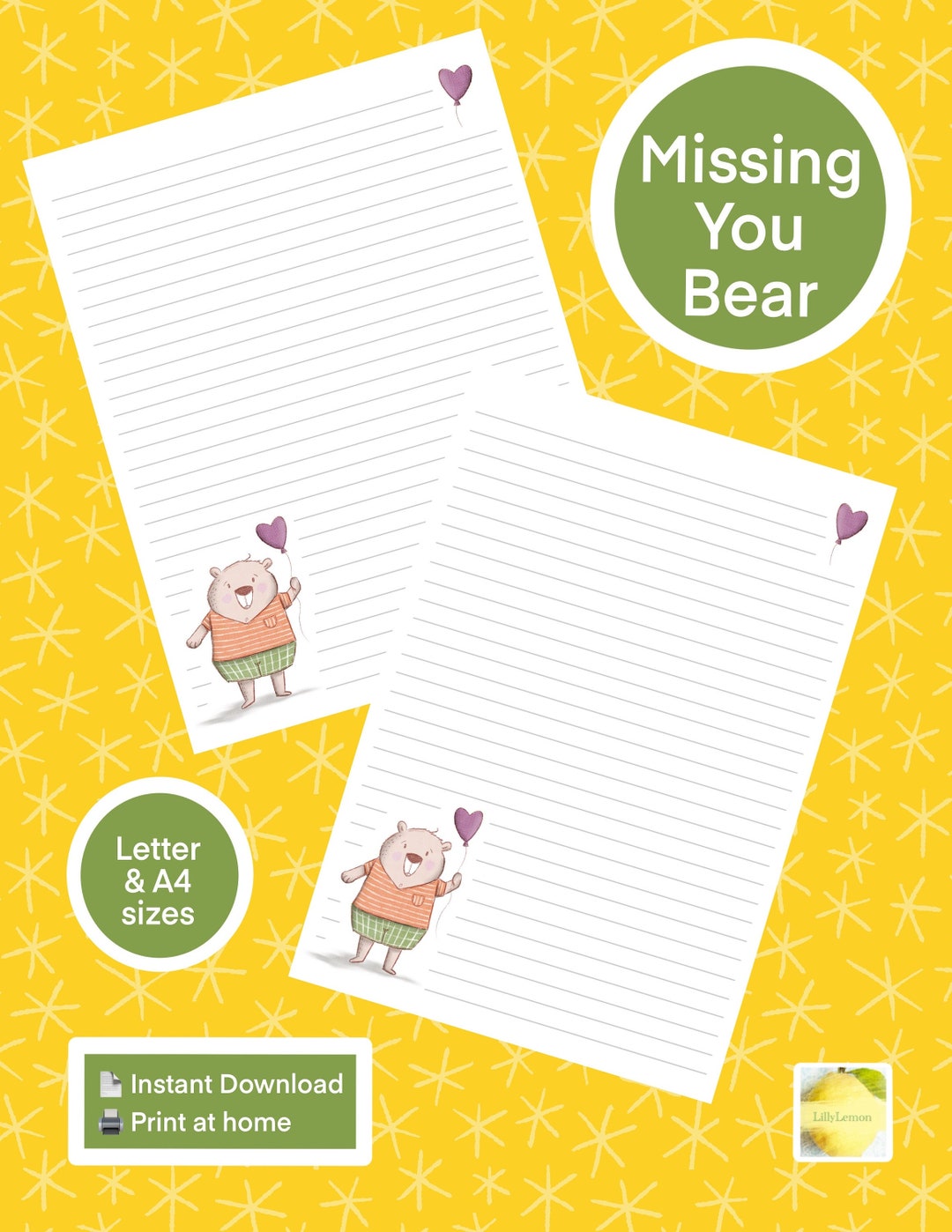 PRINTABLE STATIONERY for KIDS, Missing You Bear Stationary, Writing ...
