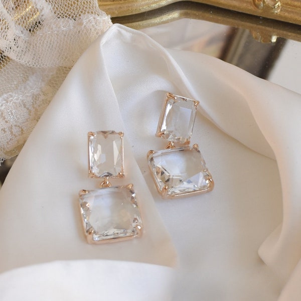 Big Crystal Drop Earrings, Cubic Geometric, Clear Cube Square Crystal Dangle Gold Earrings, Faceted cut