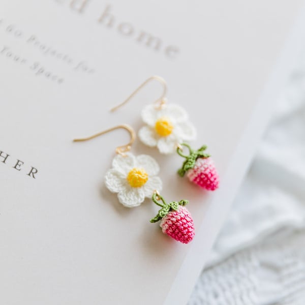 Microcrochet Strawberry Earring, clip on earring