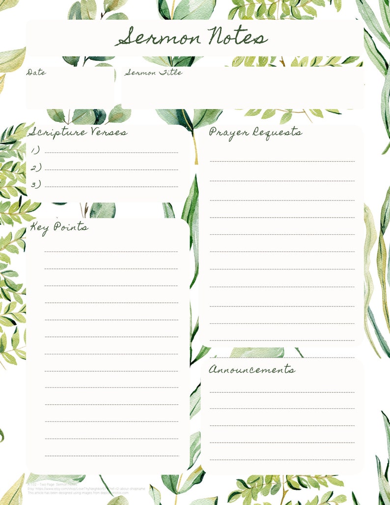 Two Page Sermon Notes | Letter Size Digital Download | Watercolor ...