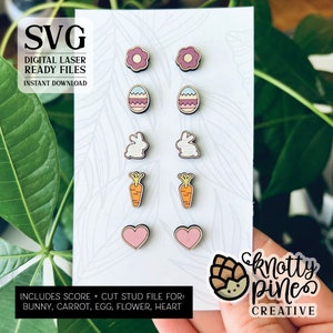 Svg de boucles d'oreilles lapin de Pâques, boucles d'oreilles de Pâques, fichier laser Bunny Studs Bundle (lapin, fleur, oeuf de Pâques, carotte, coeur) Glowforge svg