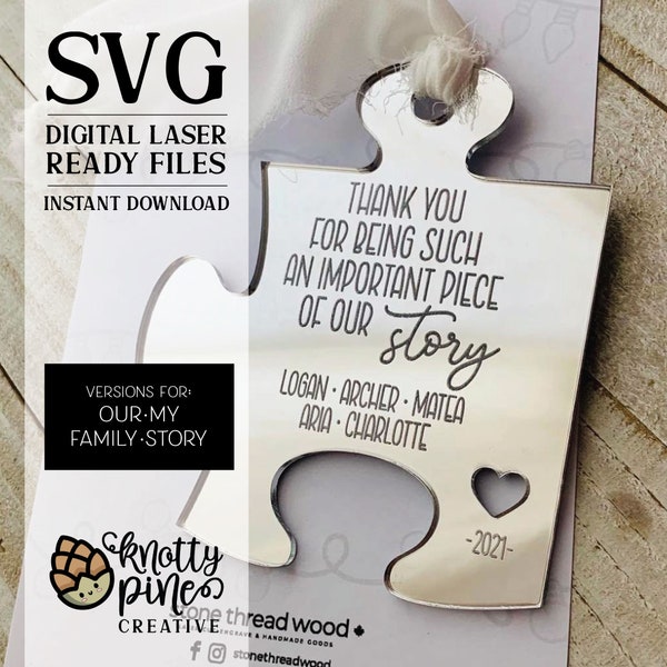 PUZZLE Shaped Caregiver gift Christmas ornament svg, MIRROR Acrylic PIECE of Our + My Story + Family Laser, Glowforge ready Customizable