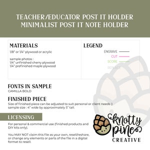 Pu&ograve; includere: Un download digitale per un porta note adesive minimalista, realizzato in compensato o acrilico da 3 mm o 6 mm. Il design include istruzioni per l'incisione, il taglio, la marcatura e la sostituzione dei pezzi. Il pezzo finito misura circa 10 cm di larghezza e 12,5 cm di altezza. Il design &egrave; di Knotty Pines Creative.