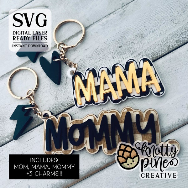 CHECKERED MOM Keychain Bundle svg, Checkerboard Mom MAMA Mommy Laser Cut keychain svg with 3 Charms, Layered Mom Keychain File Glowforge