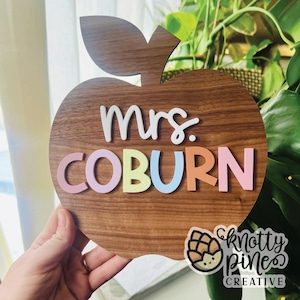 Teacher Apple Sign SVG | Layered Laser Cut Name Sign | Glowforge Digital File | Classroom Gift | Back to School | Teacher Gift | Apple svg