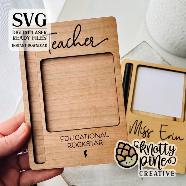 Nota adhesiva minimalista para regalo de maestro + soporte para bolígrafo svg, archivo cortado con láser para lápiz y nota adhesiva para educador, Glowforge svg, personalizable y listo para láser