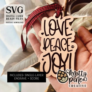 Kerstornament Love Peace Joy svg, lasergesneden svg, Glowforge Ready kerstornament