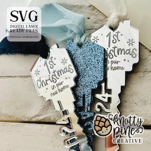 Svg d'ornement de clé de premier Noël, premier ornement de Noël 2024, ma nouvelle maison/notre nouvelle maison, clé de maison, cadeau d'agent immobilier, svg Glowforge, prêt pour le laser