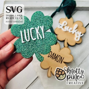 Étiquette trèfle à quatre feuilles, étiquette de panier de la Saint-Patrick, étiquette de panier trèfle, svg Glowforge, personnalisable Saint-Patrick,