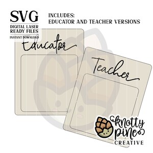 Pu&ograve; includere: Due file SVG tagliati al laser digitale per educatori e insegnanti. I file sono etichettati "Educator" e "Teacher" con un simpatico logo di pigna di cartone animato in basso.