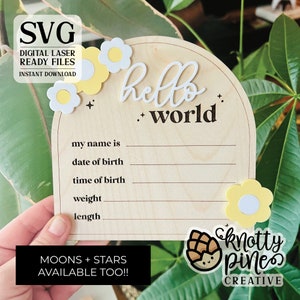 Faire-part de bébé, svg Hello World, fleurs, statistiques de naissance minimalistes, prêt pour Glowforge, svg laser, panneau en couches personnalisable