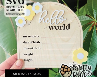 Anuncio de bebé (Svg), Hola mundo (Svg), Flores (Svg), Estadísticas de nacimiento minimalistas, Compatible con Glowforge, Láser (Svg), Letrero en capas personalizable