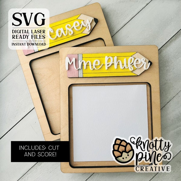 Leraar cadeau Post-It Note houder met potlood SVG, opvoeder POST IT houder + potlood, Glowforge SVG, aanpasbare Post It Laser Ready