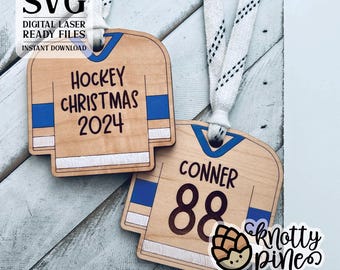 Hockey Christmas Ornament svg, Score + Engrave Jersey Ornament Hockey Player Digital Laser Cut file, Glowforge svg, Laser Ready Hockey