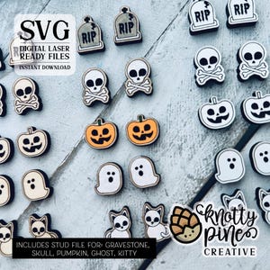 Halloween oorknopjes svg, Halloween oorbellen, skelet grafsteen pompoen Ghost Kitty Cat Stud bundel, laser klaar bestand, Glowforge svg