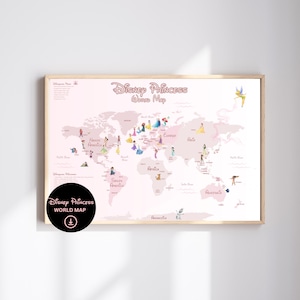 Carte du monde des princesses Disney | Art mural inspiré de Disney | Décoration de salle de jeux | Chambre d'enfant sur le thème des princesses | Décoration murale pour chambre d'enfant