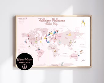 Disney Princess World Map | Disney-Inspired Wall Art | Playroom Decor | Princesses Themed Nursery | Girls Nursery Wall Art